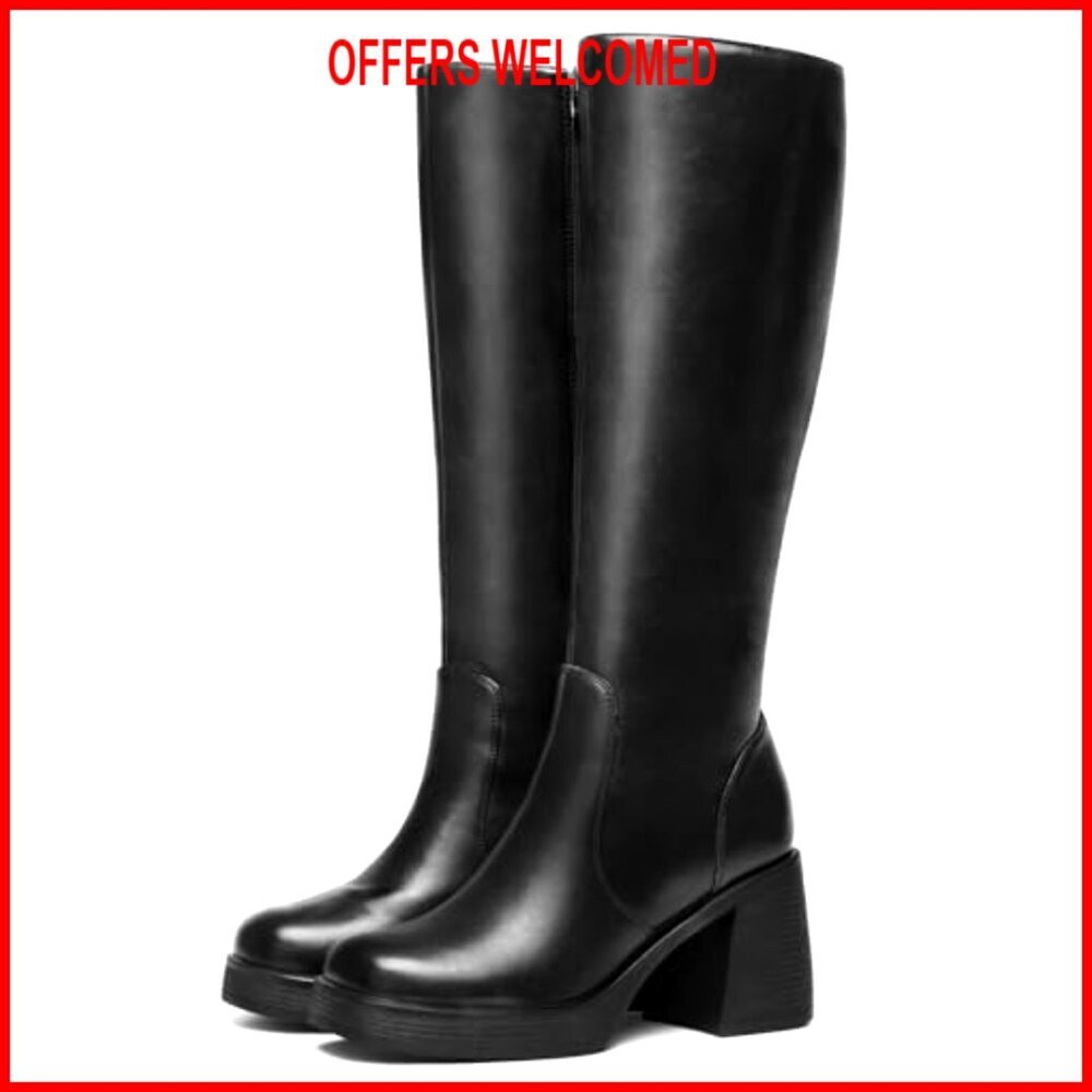 Wide Calf Platform Knee High Boots Chunky Block Heel Square Toe - Picture 5 of 7
